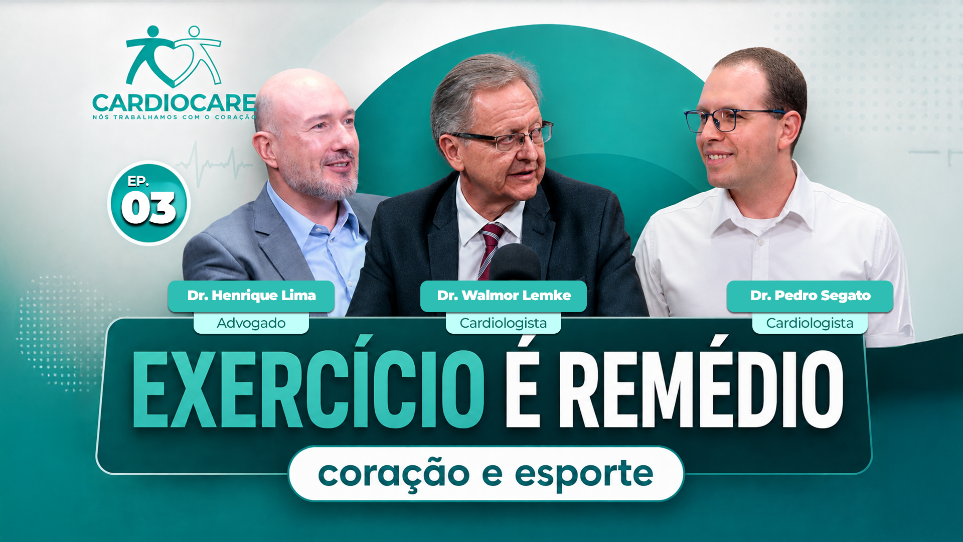 Dr. Walmor Lemke, Dr. Pedro Segato e Henrique Lima na gravação do episódio 03 do Cardiocare Cast sobre exercício e coração